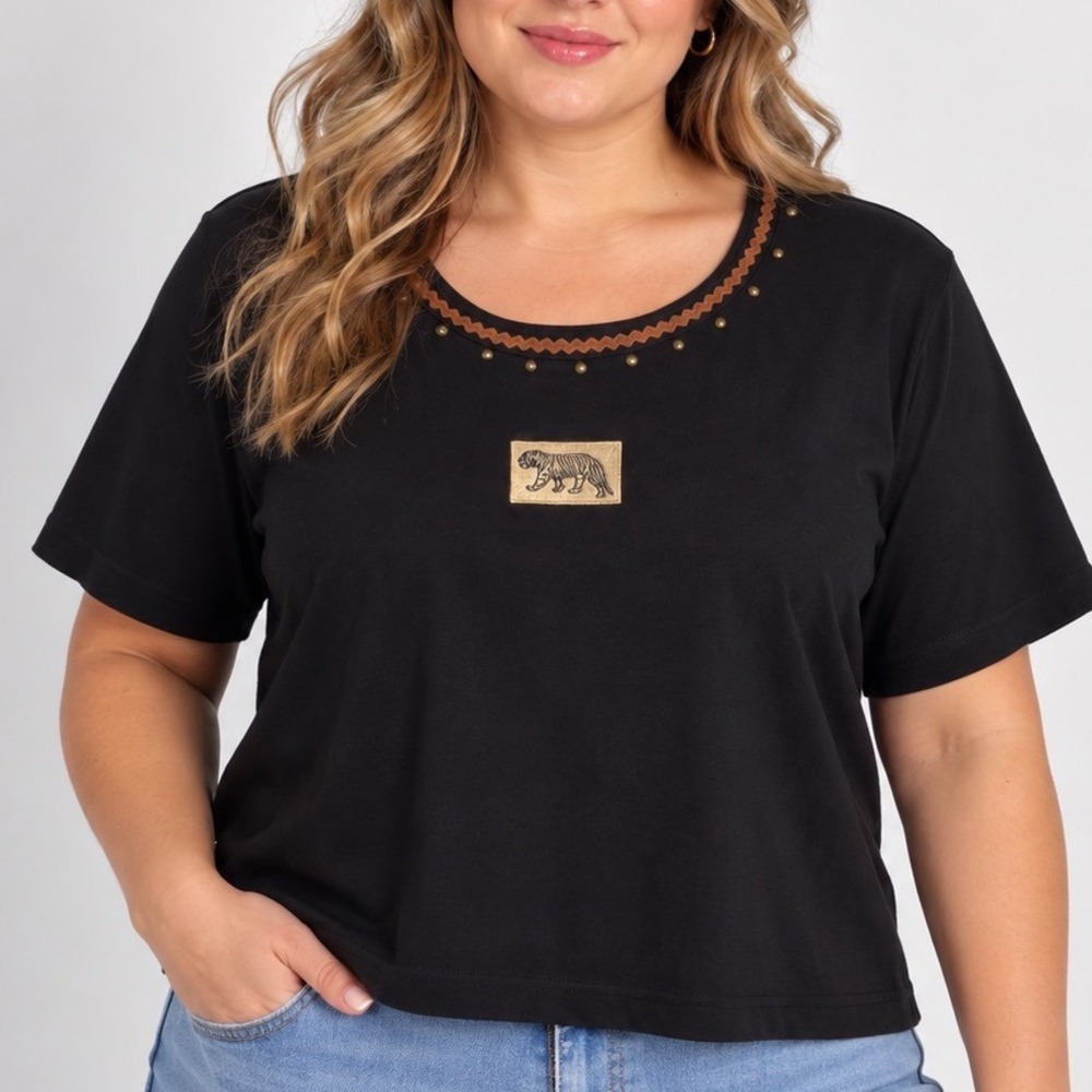 Petite Medium 100% Cotton Black Tiger Embroidered T Shirt Studded Western Top